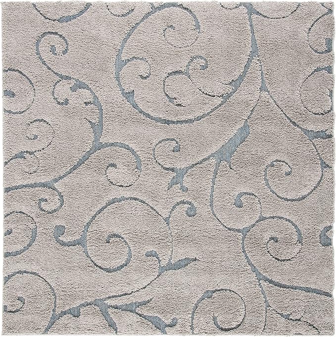 SAFAVIEH Florida Shag Collection Area Rug - 4' Square, Grey & Light Blue, Scroll Design, Non-Shedding & Easy to Clean, High-Low Plush Pile, Ideal for Living Room, Bedroom, Dining Space (SG455-1160)