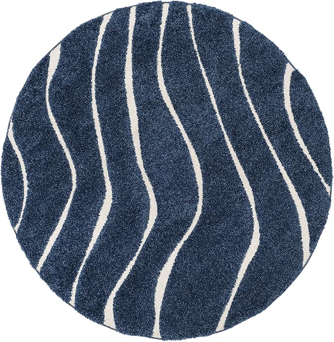 SAFAVIEH Florida Shag Collection Area Rug - 6'7" Round, Dark Blue & Cream, Non-Shedding & Easy Care, 1.2-inch Thick Ideal for High Traffic Areas in Living Room, Bedroom (SG472-6511)