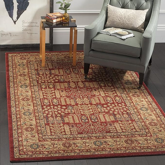 SAFAVIEH Mahal Collection Area Rug - 5'1" Square, Red & Natural, Non-Shedding & Easy Care, Ideal for High Traffic Areas in The Living Room, Dining, Bedroom (MAH697A)