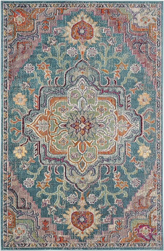 SAFAVIEH Crystal Collection Accent Rug - 4' x 6', Teal & Rose, Medallion Distressed Design, Non-Shedding & Easy Care, Ideal for High Traffic Areas in Entryway, Living Room, Bedroom (CRS501T)