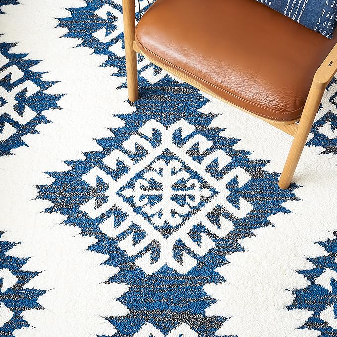 SAFAVIEH Moroccan Tassel Shag Collection Area Rug - 9' x 12', Navy & Ivory, Boho Rustic Trellis, Non-Shedding & Easy Care, 2-inch Thick Ideal for High Traffic Areas in Living Room, Bedroom (MTS652N)
