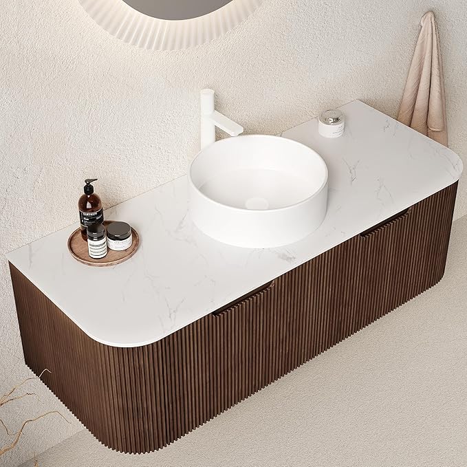 KEIKI 48" Floating Bathroom Vanity with Sink, Modern Wall Vanity Cabinet with Curved Edge Design, 2 Soft-Close Drawers & White Ceramic Vessel Basin, Pre-Assembled Bathroom Vanity, Walnut