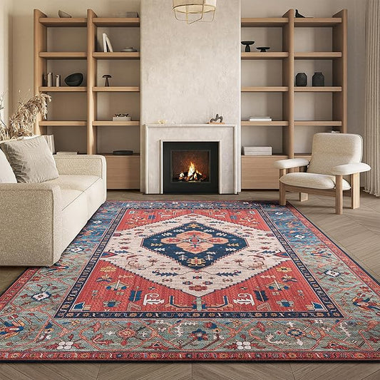 SAFAVIEH Washable Rug Tucson Collection - 8' x 10', Rust & Blue, Slip Resistant & Easy to Clean, Ideal for Living Room, Bedroom, Dining Space (TSN153P)