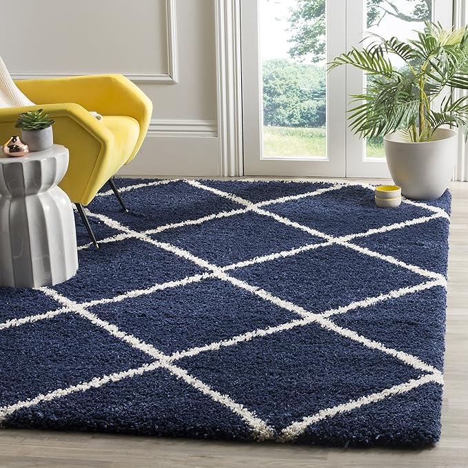 SAFAVIEH Hudson Shag Collection Area Rug - 5' Square, Navy & Ivory, Modern Trellis Design, Non-Shedding & Easy Care, 2-inch Thick Ideal for High Traffic Areas in Living Room, Bedroom (SGH281C)