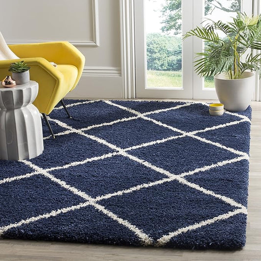 SAFAVIEH Hudson Shag Collection Area Rug - 5' Square, Navy & Ivory, Modern Trellis Design, Non-Shedding & Easy Care, 2-inch Thick Ideal for High Traffic Areas in Living Room, Bedroom (SGH281C)