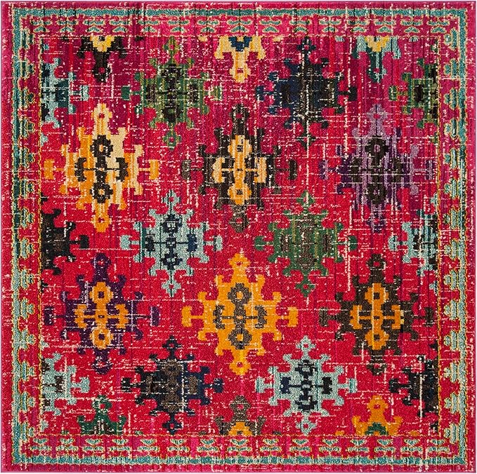 SAFAVIEH Monaco Collection Area Rug - 6'7" Square, Fuchsia & Multi, Boho Diamond Trellis Design, Non-Shedding & Easy Care, Ideal for High Traffic Areas in Living Room, Bedroom (MNC244D)