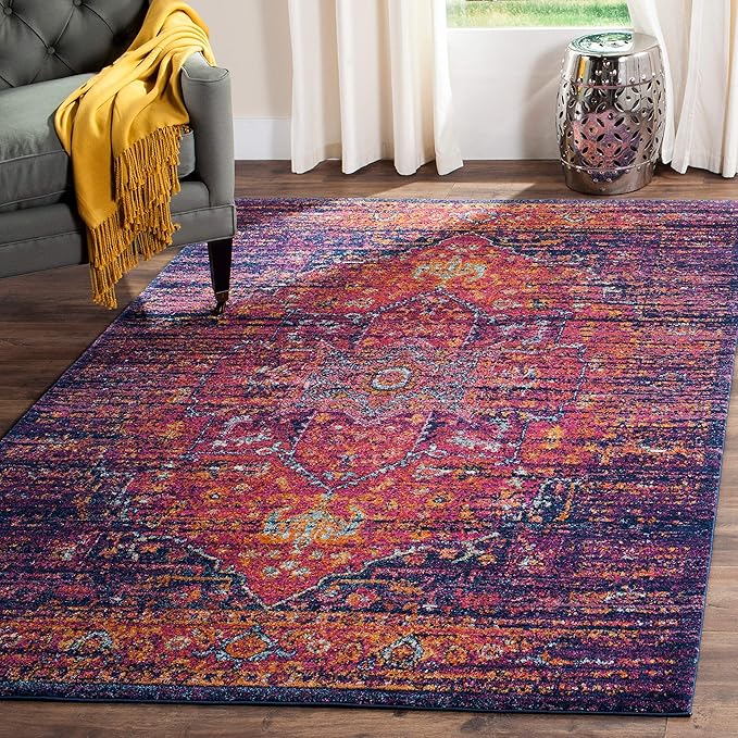 SAFAVIEH Evoke Collection 3' x 5' Grey / Navy EVK275G Oriental Medallion Distressed Non-Shedding Living Room Bedroom Accent Rug