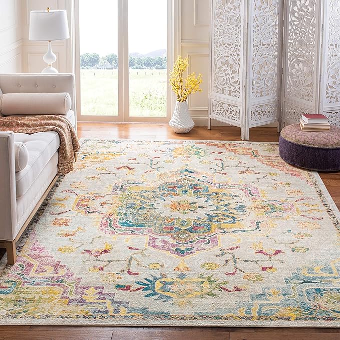 SAFAVIEH Area Rug 8x10 - Crystal Collection - Large - Light Blue & Grey, Medallion Distressed Design, Non-Shedding & Easy Cleaning, Ideal for Living Room, Bedroom, Office, Dining Space (CRS501M)
