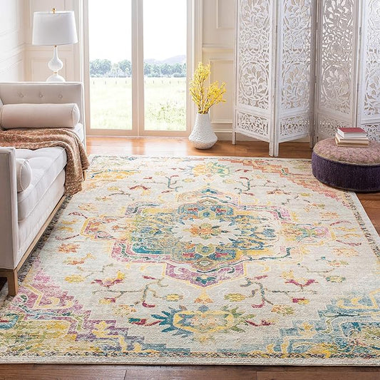 SAFAVIEH Crystal Collection Area Rug - 10' x 14', Light Blue & Grey, Medallion Distressed Design, Non-Shedding & Easy Care, Ideal for High Traffic Areas in Living Room, Bedroom (CRS501M)