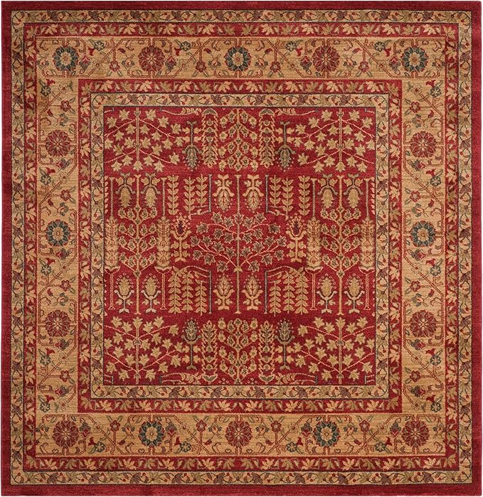 SAFAVIEH Mahal Collection Area Rug - 6'7" Square, Red & Natural, Traditional Oriental Design, Non-Shedding & Easy Care, Ideal for High Traffic Areas in Living Room, Bedroom (MAH697A)