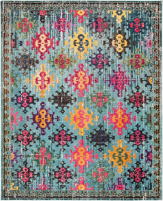 SAFAVIEH Monaco Collection Area Rug - 8' x 10', Blue & Multi, Boho Diamond Trellis Design, Non-Shedding & Easy Care, Ideal for High Traffic Areas in Living Room, Bedroom (MNC244N)