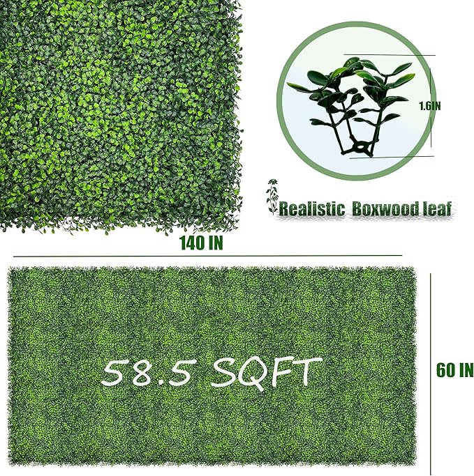 Artificial Boxwood Roll Panels,140"x 60" (58.5 SQFT) UV-Anti Faux Ivy Leaves Grass Wall for Patio Balcony Privacy, Garden, Backyard Greenery Wall Backdrop and Fence Decor