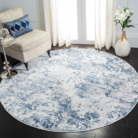 SAFAVIEH Amelia Collection Area Rug - 5'3" Round, Navy & Grey, Modern Abstract Design, Non-Shedding & Easy Care, Ideal for High Traffic Areas in Living Room, Bedroom, Dining Room (ALA705N-5R)