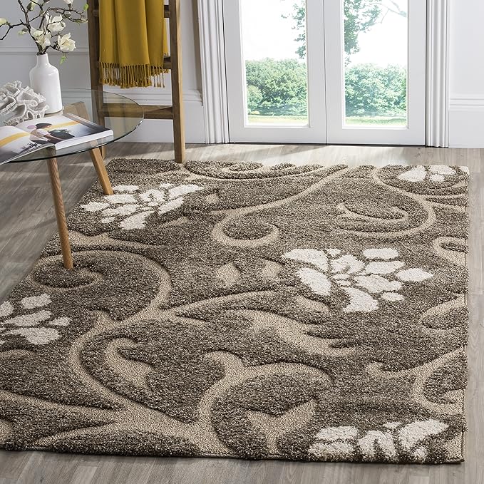 SAFAVIEH Florida Shag Collection Area Rug - 6' x 9', Smoke & Beige, Floral Design, Non-Shedding & Easy Care, 1.2-inch Thick Ideal for High Traffic Areas in Living Room, Bedroom (SG464-7913)
