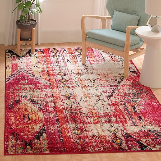 SAFAVIEH Monaco Collection Area Rug - 5'1" x 7'7", Magenta & Multi, Boho Chic Tribal Distressed Design, Non-Shedding & Easy Care, Ideal for High Traffic Areas in Living Room, Bedroom (MNC222D)