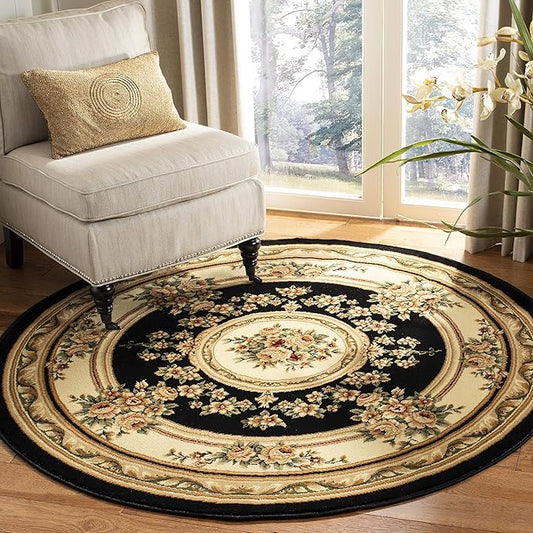 SAFAVIEH Lyndhurst Collection Area Rug - 5'3" Round, Black & Ivory, Traditional European Medallion Design, Non-Shedding & Easy Care, Ideal for High Traffic Areas in Living Room, Bedroom (LNH218A)