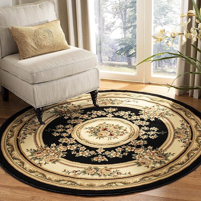 SAFAVIEH Lyndhurst Collection Area Rug - 8' Round, Black & Ivory, Traditional European Medallion Design, Non-Shedding & Easy Care, Ideal for High Traffic Areas in Living Room, Bedroom (LNH218A)