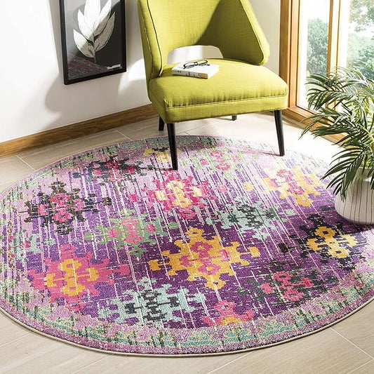SAFAVIEH Monaco Collection 6'7" Round Purple / Multi MNC244P Boho Diamond Trellis Non-Shedding Dining Room Entryway Foyer Living Room Bedroom Area Rug