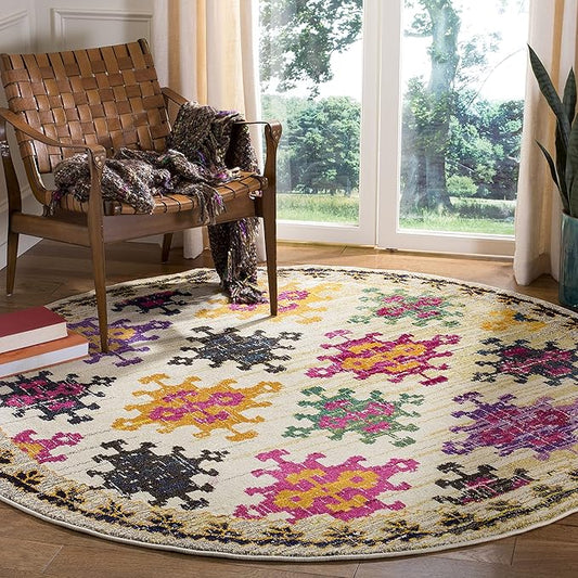 SAFAVIEH Monaco Collection Area Rug - 6'7" Round, Ivory & Multi, Boho Diamond Trellis Design, Non-Shedding & Easy Care, Ideal for High Traffic Areas in Living Room, Bedroom (MNC244A)