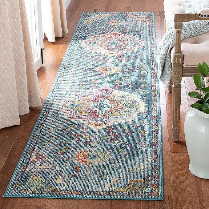 SAFAVIEH Crystal Collection Runner Rug - 2'2" x 19', Teal & Orange, Medallion Distressed Design, Non-Shedding & Easy Care, Ideal for High Traffic Areas in Living Room, Bedroom (CRS501J)