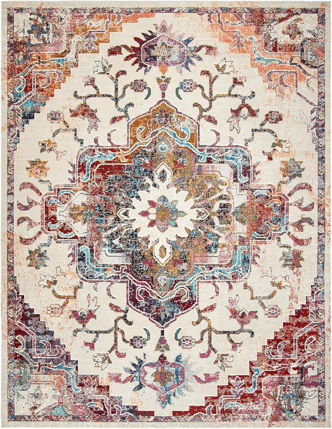 SAFAVIEH Crystal Collection Area Rug - 8' x 10', Light Blue & Burgundy, Medallion Distressed Design, Non-Shedding & Easy Care, Ideal for High Traffic Areas in Living Room, Bedroom (CRS501F)