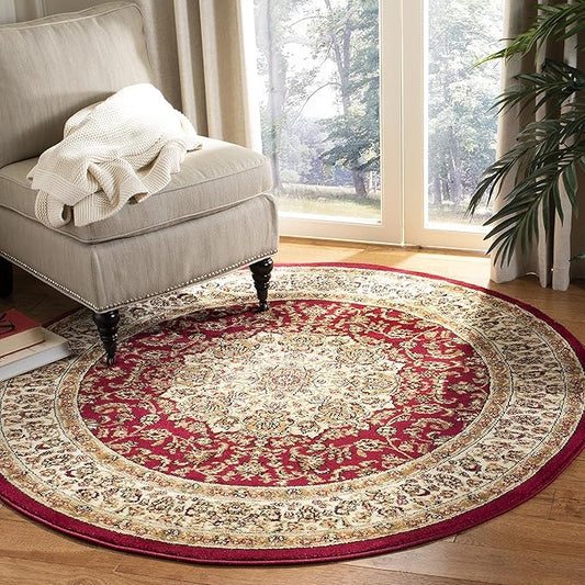 SAFAVIEH Lyndhurst Collection Area Rug - 5'3" Round, Red & Ivory, Traditional Oriental Medallion Design, Non-Shedding & Easy Care, Ideal for High Traffic Areas in Living Room, Bedroom (LNH222B)