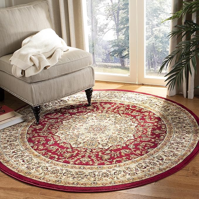 SAFAVIEH Lyndhurst Collection 8' Round Red / Ivory LNH222B Traditional Oriental Medallion Non-Shedding Dining Room Entryway Foyer Living Room Bedroom Area Rug
