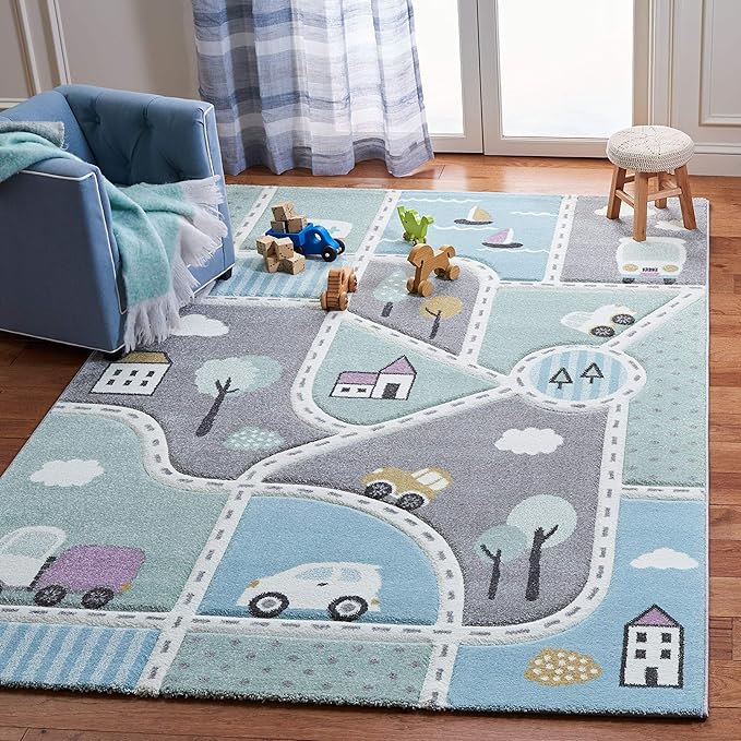 SAFAVIEH Area Rug 8x10 - Carousel Kids Collection - Large - Grey & Light Blue, Non-Shedding & Easy Cleaning, Ideal for Boys & Girls in Playroom, Nursery, Bedroom (CRK193F)