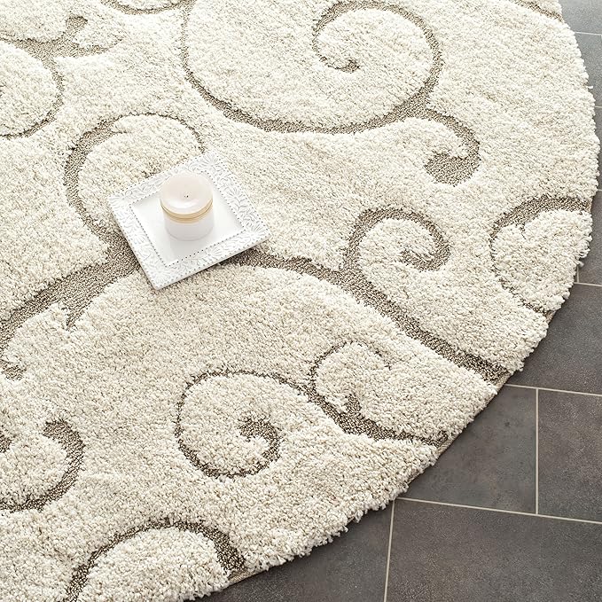 SAFAVIEH Florida Shag Collection Area Rug - 9' Round, Cream & Beige, Scroll Design, Non-Shedding & Easy to Clean, High-Low Plush Pile, Ideal for Living Room, Bedroom, Dining Space (SG455-1113)