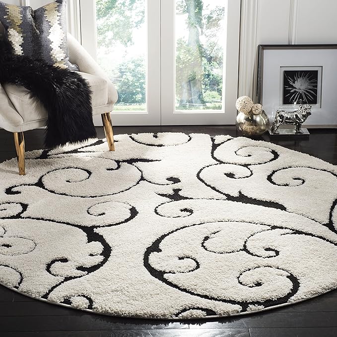SAFAVIEH Florida Shag Collection Area Rug - 5' Round, Ivory & Black, Scroll Design, Non-Shedding & Easy to Clean, High-Low Plush Pile, Ideal for Living Room, Bedroom, Dining Space (SG455-1290)
