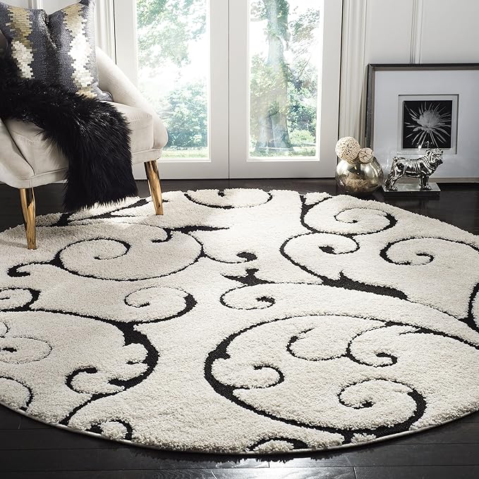 SAFAVIEH Florida Shag Collection Area Rug - 11' Round, Ivory & Black, Scroll Design, Non-Shedding & Easy to Clean, High-Low Plush Pile, Ideal for Living Room, Bedroom, Dining Space (SG455-1290)