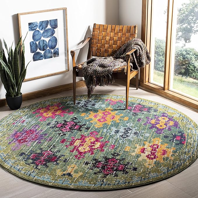 SAFAVIEH Monaco Collection Area Rug - 6'7" Round, Green & Multi, Boho Diamond Trellis Design, Non-Shedding & Easy Care, Ideal for High Traffic Areas in Living Room, Bedroom (MNC244G)