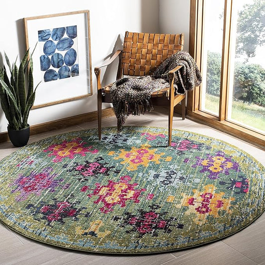 SAFAVIEH Monaco Collection Area Rug - 6'7" Round, Green & Multi, Boho Diamond Trellis Design, Non-Shedding & Easy Care, Ideal for High Traffic Areas in Living Room, Bedroom (MNC244G)