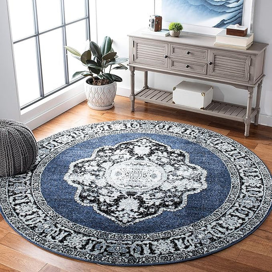 SAFAVIEH Vintage Hamadan Collection 3' Round Blue/Grey VTH219M Oriental Traditional Persian Non-Shedding Living Room Bedroom Area Rug
