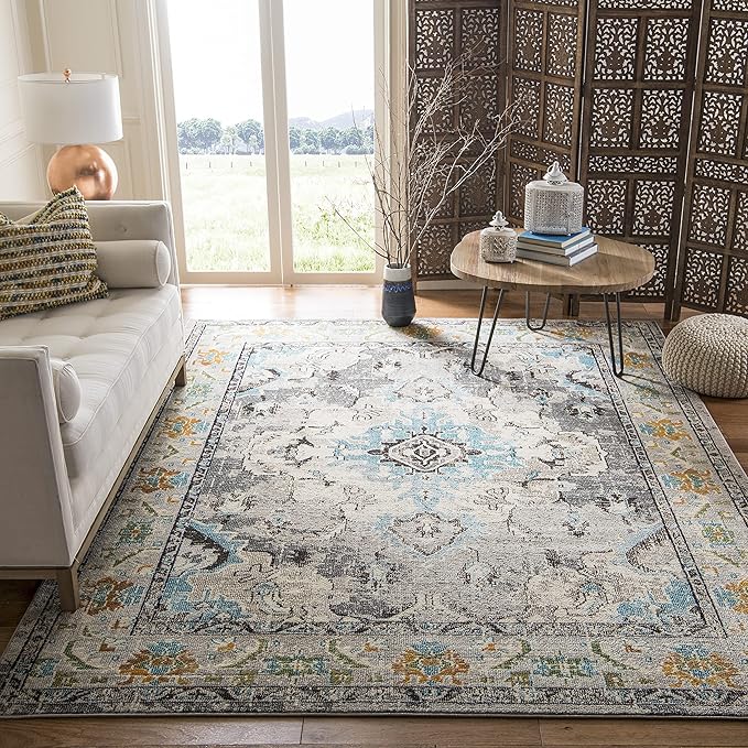 SAFAVIEH Monaco Collection Area Rug - 11' x 15', Grey & Light Blue, Non-Shedding & Easy to Clean, Distressed Medallion Design, Ideal for Living Room, Bedroom, Dining Space (MNC243G)