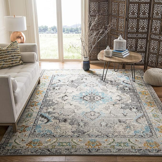 SAFAVIEH Monaco Collection Area Rug - 11' x 15', Grey & Light Blue, Non-Shedding & Easy to Clean, Distressed Medallion Design, Ideal for Living Room, Bedroom, Dining Space (MNC243G)