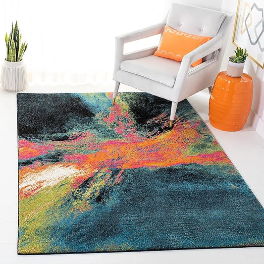 SAFAVIEH Galaxy Collection Area Rug - 6'7" x 9', Blue & Orange, Modern Abstract Design, Non-Shedding & Easy Care, Ideal for High Traffic Areas in Living Room, Bedroom (GAL117N)