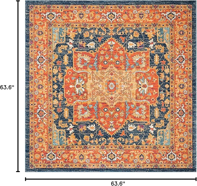 SAFAVIEH Evoke Collection Area Rug - 5'3" Square, Blue & Orange, Oriental Medallion Distressed Design, Non-Shedding & Easy Care, Ideal for High Traffic Areas in Living Room, Bedroom (EVK275C)
