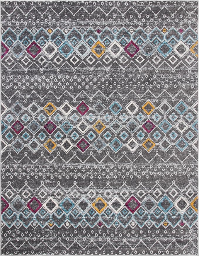 SAFAVIEH Amsterdam Collection X-Large Area Rug - 11' x 15', Dark Grey & Ivory, Moroccan Boho Design, Non-Shedding & Easy Care, Ideal for High Traffic Areas in Living Room, Bedroom (AMS108H)