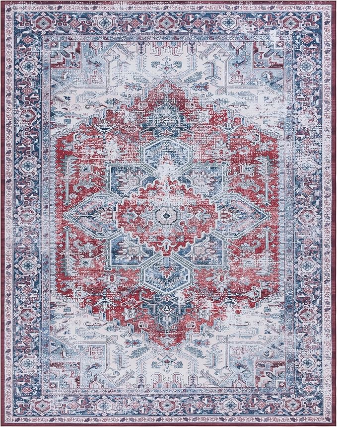 SAFAVIEH Washable Rug Tucson Collection - 8' x 10', Red & Navy, Slip Resistant & Easy to Clean, Ideal for Living Room, Bedroom, Dining Space (TSN101S)