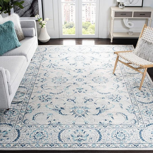 SAFAVIEH Brentwood Collection X-Large Area Rug - 12' x 18', Light Grey & Blue, Oriental Floral Scroll Design, Non-Shedding & Easy Care, Ideal for High Traffic Areas in Living Room, Bedroom (BNT854G)