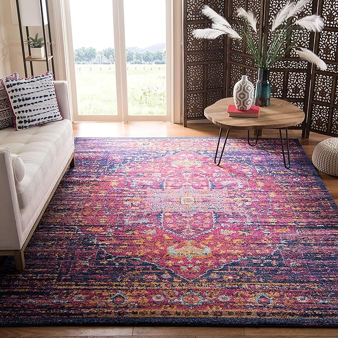 SAFAVIEH Evoke Collection 3' x 5' Blue / Fuchsia EVK275F Oriental Medallion Distressed Non-Shedding Living Room Bedroom Accent Rug