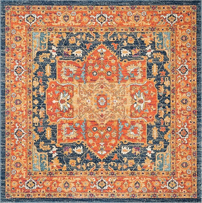 SAFAVIEH Evoke Collection Area Rug - 5'3" Square, Blue & Orange, Oriental Medallion Distressed Design, Non-Shedding & Easy Care, Ideal for High Traffic Areas in Living Room, Bedroom (EVK275C)