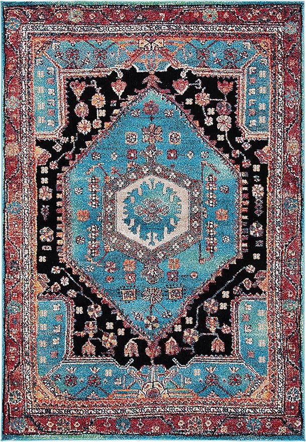 SAFAVIEH Vintage Hamadan Collection Area Rug - 6'7" x 9', Turquoise & Black, Transitional Design, Stain Resistant, Ideal for High Traffic Areas in Living Room, Bedroom & Dining Room (VTH204K-6)