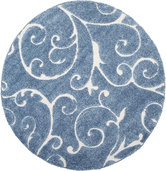 SAFAVIEH Florida Shag Collection Area Rug - 6'7" Round, Light Blue & Cream, Scroll Design, Non-Shedding & Easy to Clean, High-Low Plush Pile, Ideal for Living Room, Bedroom, Dining Space (SG455-6011)