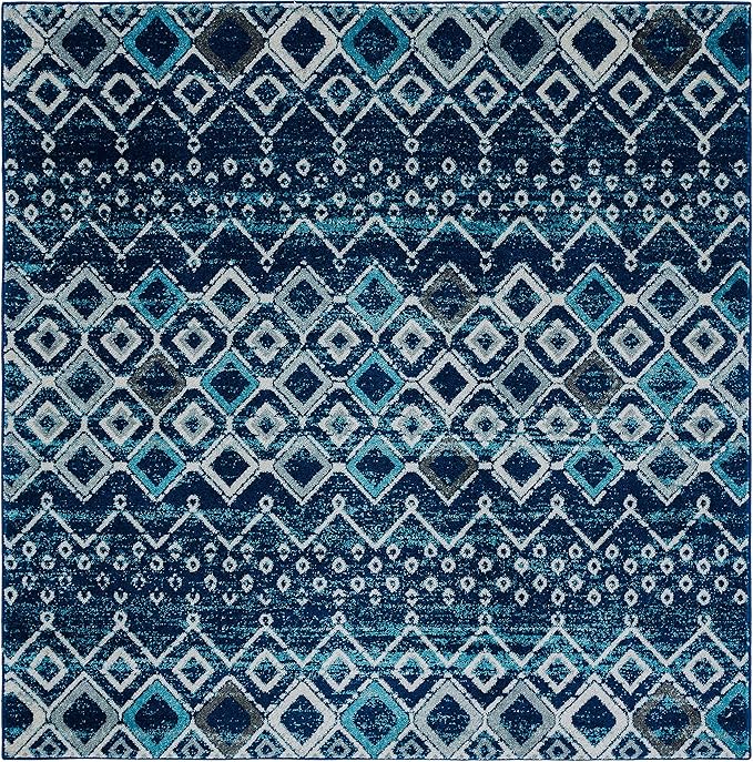 SAFAVIEH Amsterdam Collection 6'7" Square Navy / Beige AMS108N Moroccan Boho Non-Shedding Living Room Bedroom Area Rug