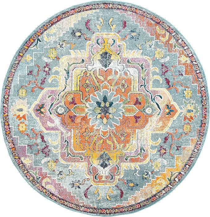SAFAVIEH Crystal Collection Area Rug - 8' Round, Teal & Orange, Medallion Distressed Design, Non-Shedding & Easy Care, Ideal for High Traffic Areas in Living Room, Bedroom (CRS501J)