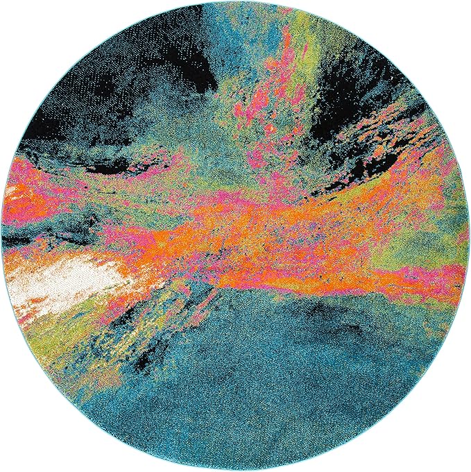 SAFAVIEH Galaxy Collection Area Rug - 6'7" Round, Blue & Orange, Modern Abstract Design, Non-Shedding & Easy Care, Ideal for High Traffic Areas in Living Room, Bedroom (GAL117N)