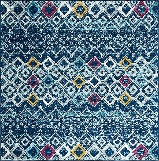 SAFAVIEH Amsterdam Collection Area Rug - 6'7" Square, Navy & Turquoise, Moroccan Boho Design, Non-Shedding & Easy Care, Ideal for High Traffic Areas in Living Room, Bedroom (AMS108M)