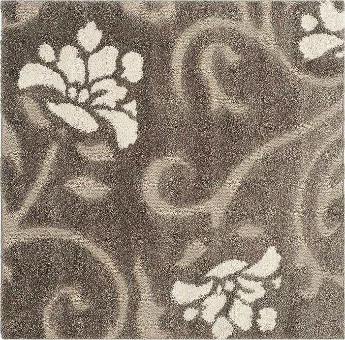 SAFAVIEH Florida Shag Collection Area Rug - 5' Square, Smoke & Beige, Floral Design, Non-Shedding & Easy Care, 1.2-inch Thick Ideal for High Traffic Areas in Living Room, Bedroom (SG464-7913)